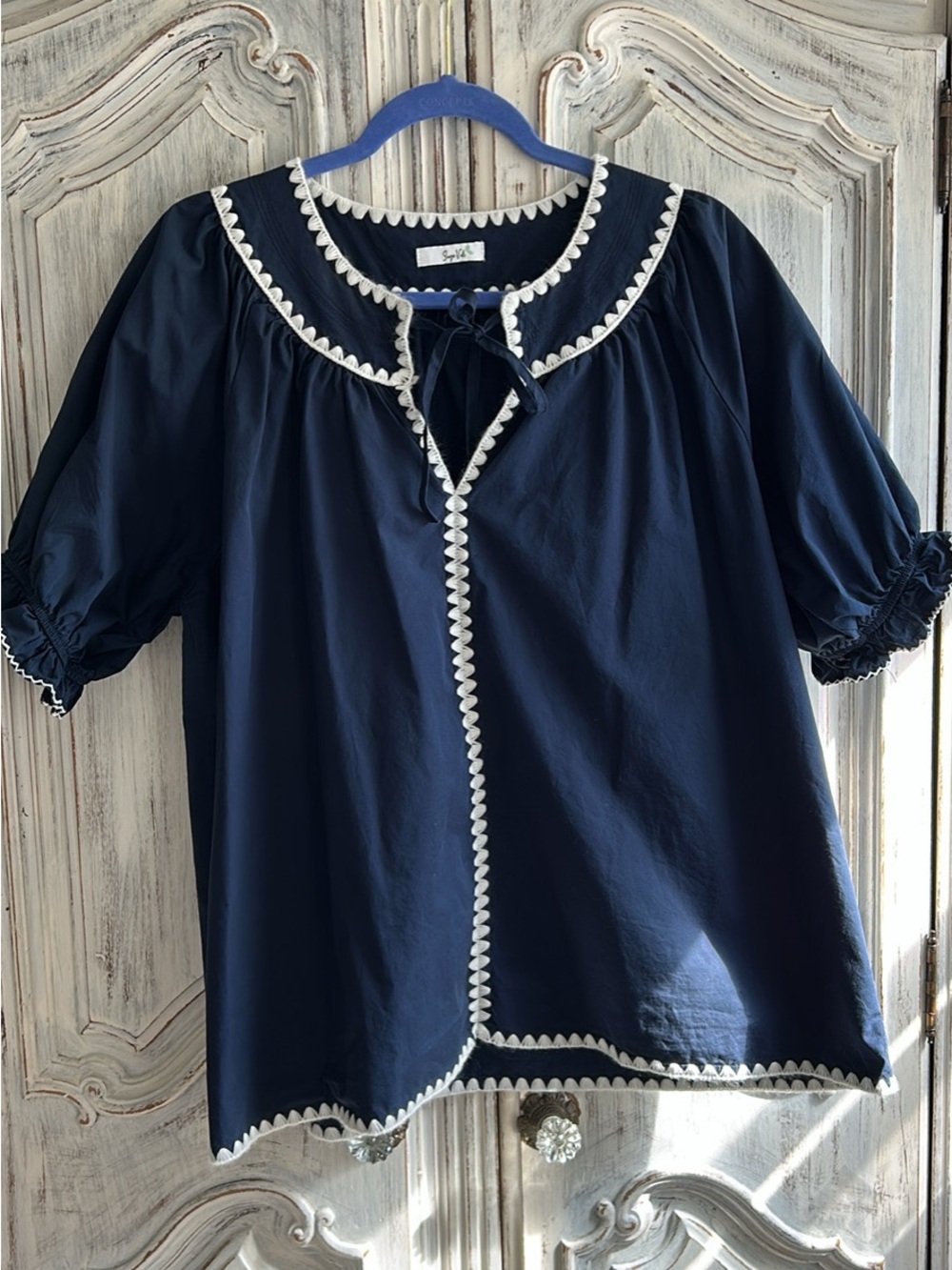 Navy Peasant Top with White Trim - Women's Cotton Blouse